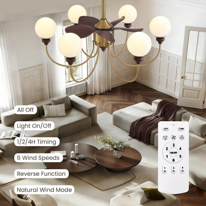 CROSSIO Luxury Mid Century Gold Fandelier 36" Large Ceiling Fans with Lights and Remote Control 6 Speeds 6 Lights Vintage Globe Chandelier Fan for Living Room Dining Room