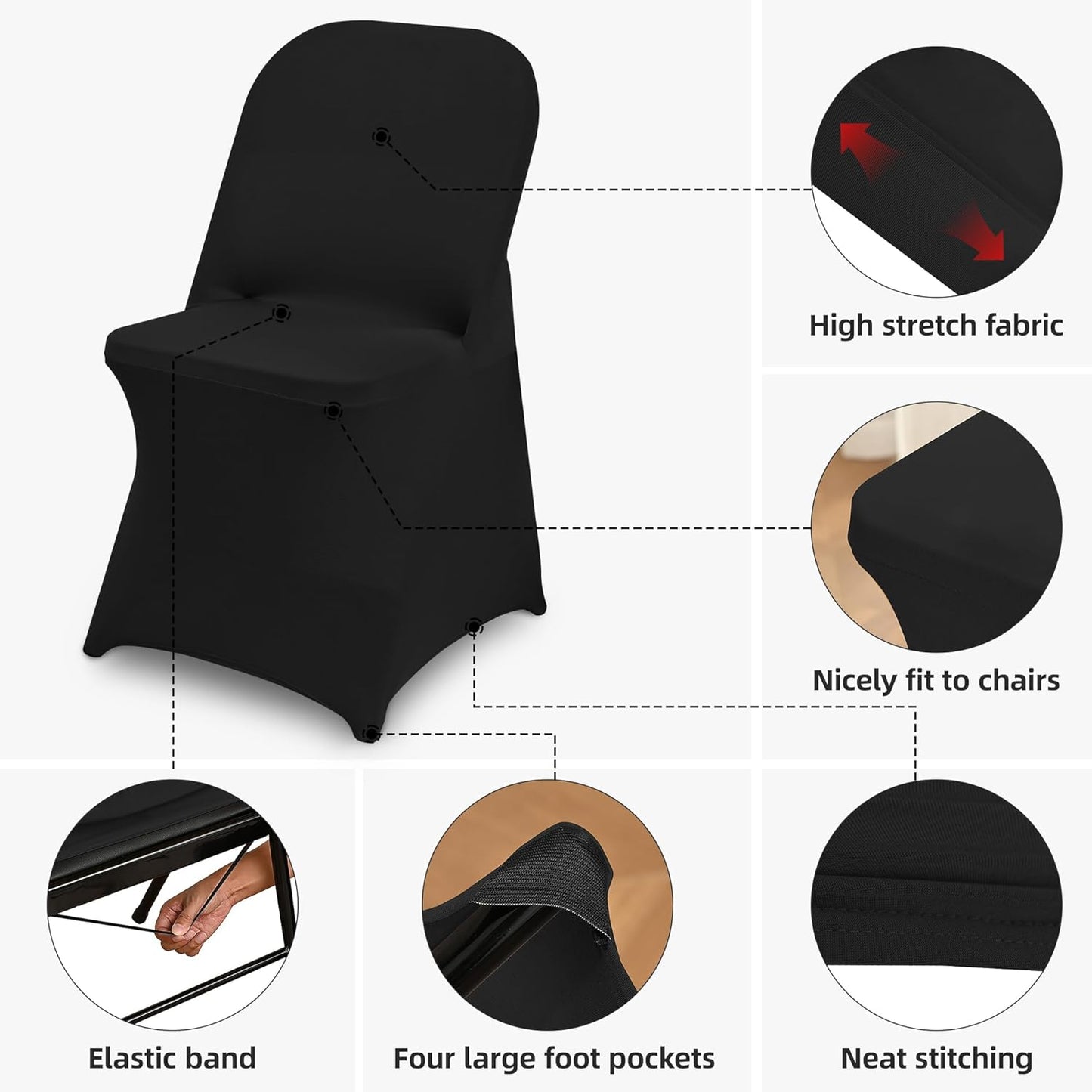 1 Pack Black Spandex Stretch Folding Chair Covers for Wedding Party,Universal Fitted Washable Dining Seat Slipcovers