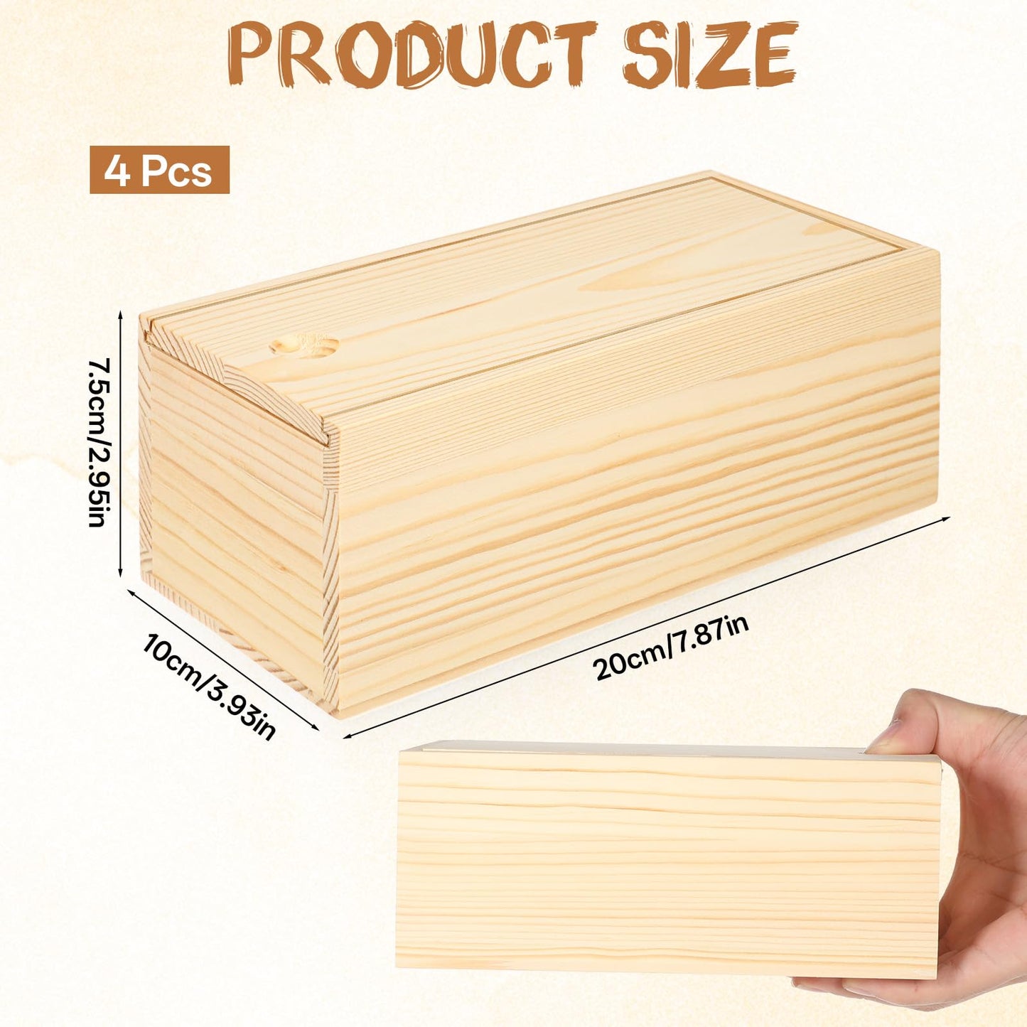 4 Pack Unfinished Wood Storage Box with Slide Lid, 8×4×3in, Blank Natural Wood Case Container, Small Wooden Storage Crates Container for Art Hobbies, DIY Craft, Jewelry Bead Organizer
