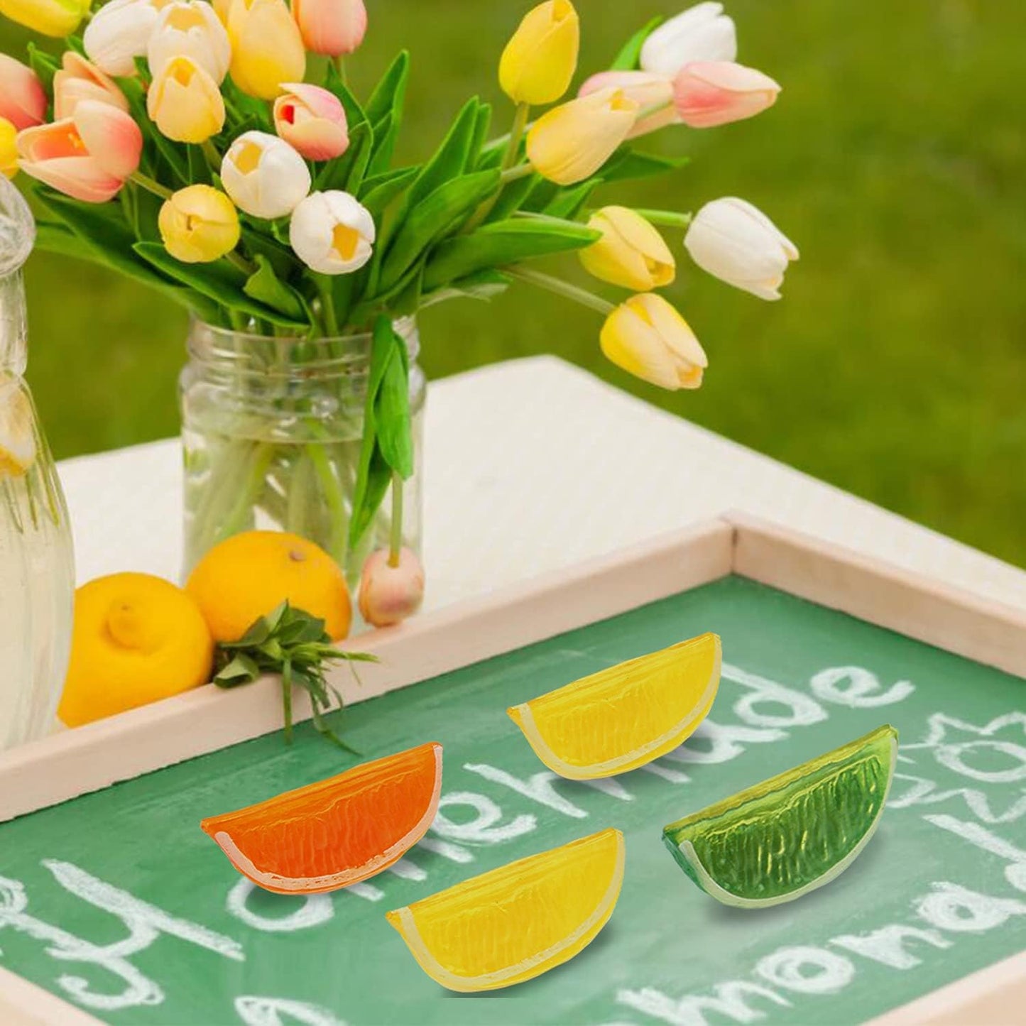 24PCS CCINEE Artificial Lemon Blocks,Realistic Fake Lemon Lime Wedge Block Fruit Decor for Home Kitchen Decoration
