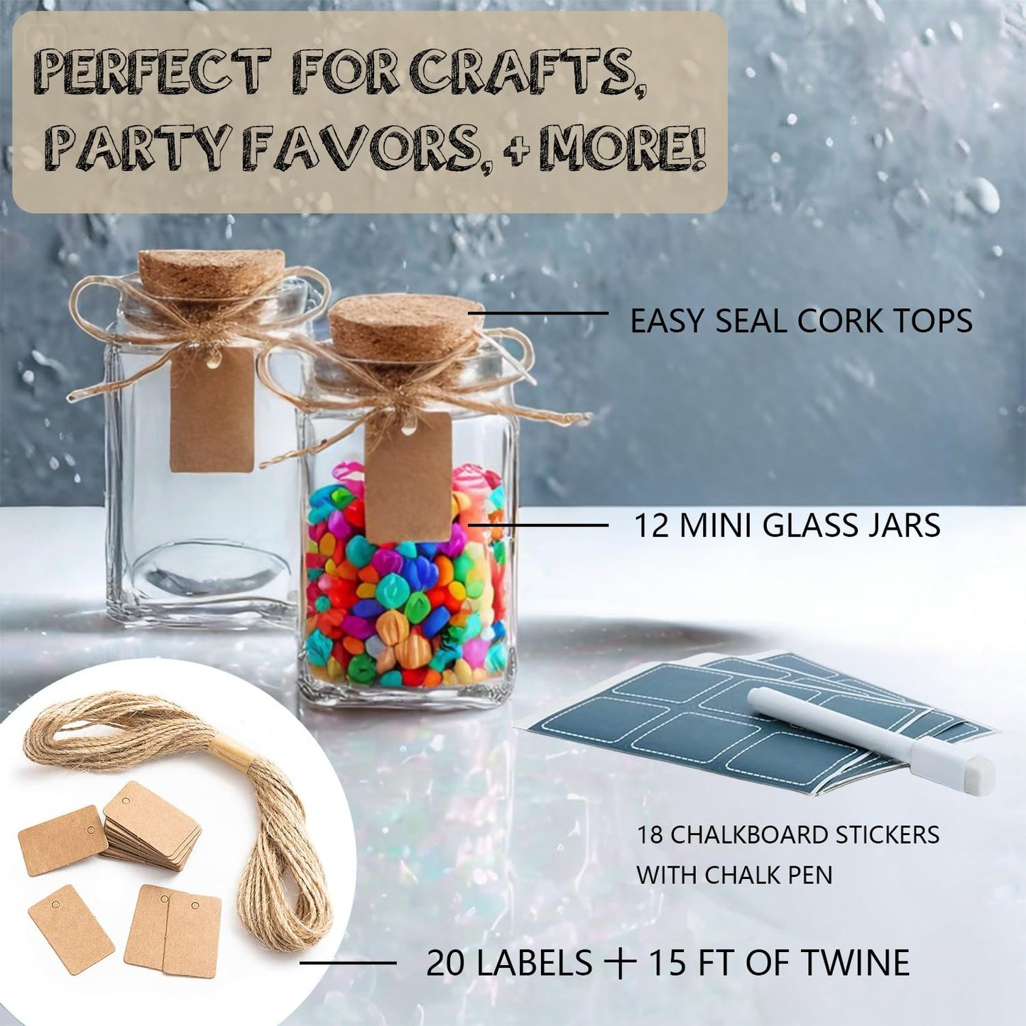 Verahaus 4 oz Mini Glass Jars with Lids - Set of 12 Spice Jars, Small Glass Containers with Corks for Wedding & Party Favors, DIY Crafts, Potions, Spices & Candy, 3.4 oz