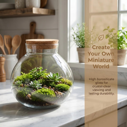Glass Terrarium Bottle with Cork Lid, Round Jar for Micro Landscape DIY Plant Terrarium Moss Crafts Home Decor Kitchen Storage Container, 5.90X6.29X5.90 Inch