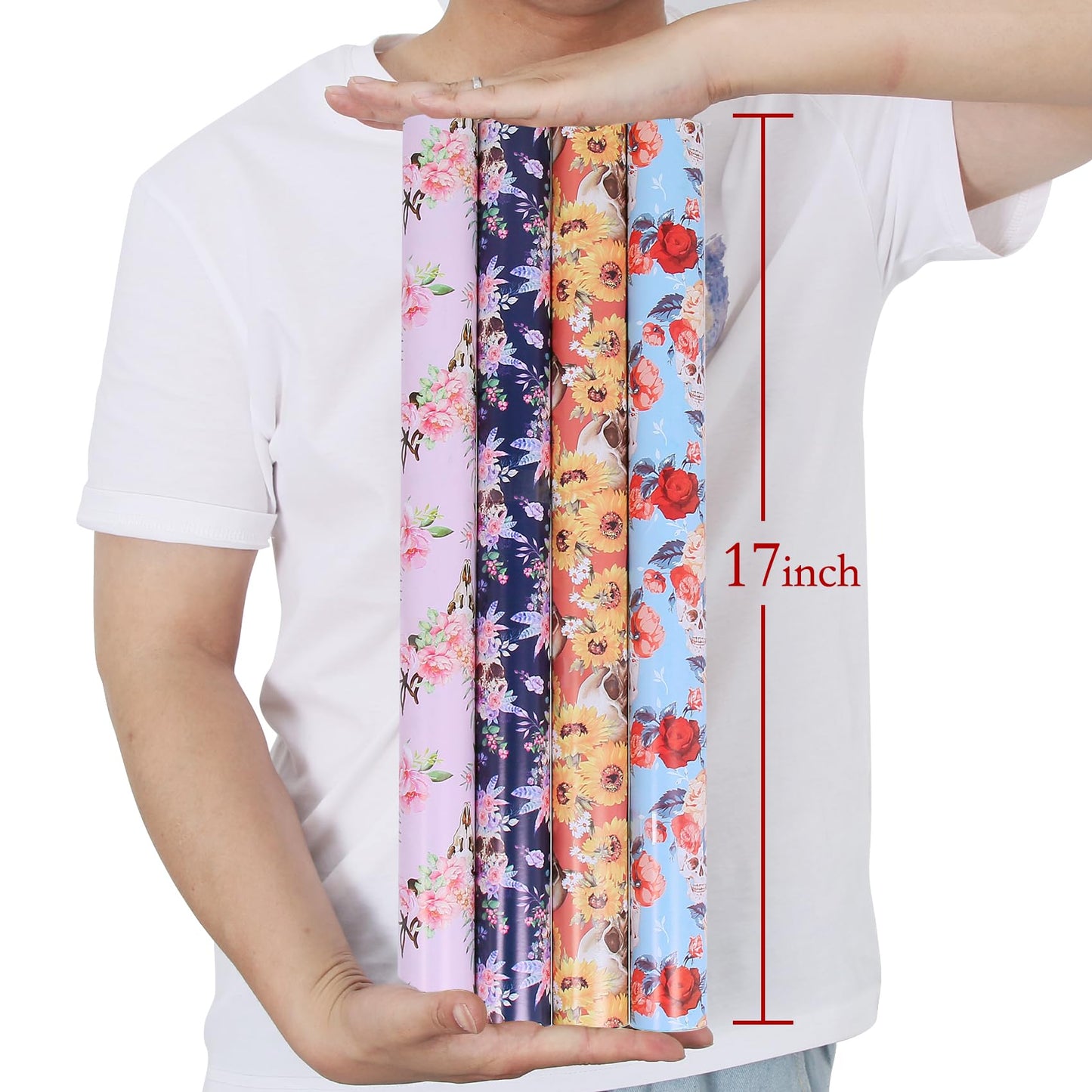Aimyoo Gothic Skull Floral Wrapping Paper Bundle Roll, Skeleton Flowers Halloween Wrap Paper 17 in x 16 ft per Roll