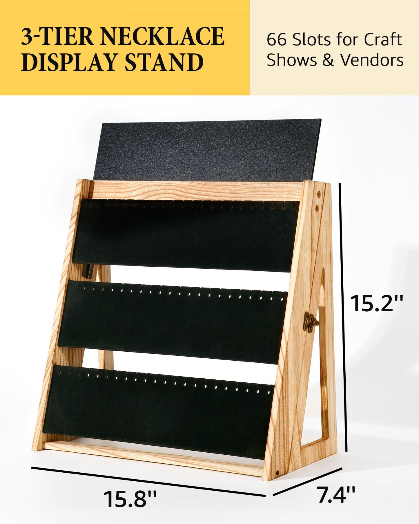 Bulado Necklace Display for Vendors, Foldable Necklace Holder with 66 Slots, 3 Tier Jewelry Display for Selling, Wood Jewelry Storage Organizer Stand with Black Velvet for Craft Show