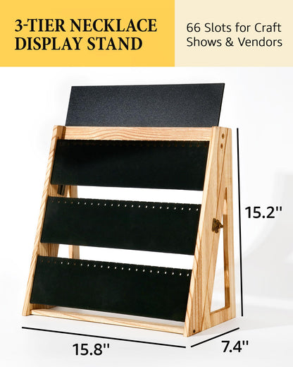 Bulado Necklace Display for Vendors, Foldable Necklace Holder with 66 Slots, 3 Tier Jewelry Display for Selling, Wood Jewelry Storage Organizer Stand with Black Velvet for Craft Show