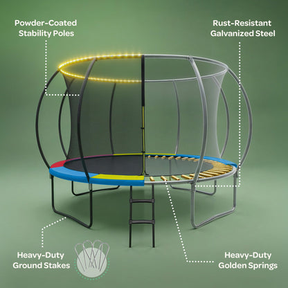 JoyBerri Trampoline Outdoor - Upsurge ASTM Certified Safe 8Ft 10Ft 12Ft 14Ft 15Ft 16Ft Recreational Trampoline for Kids and Adults. Anti-Rust Coating with Enclosure Net, Ladder, Sprinkler & LED Lights