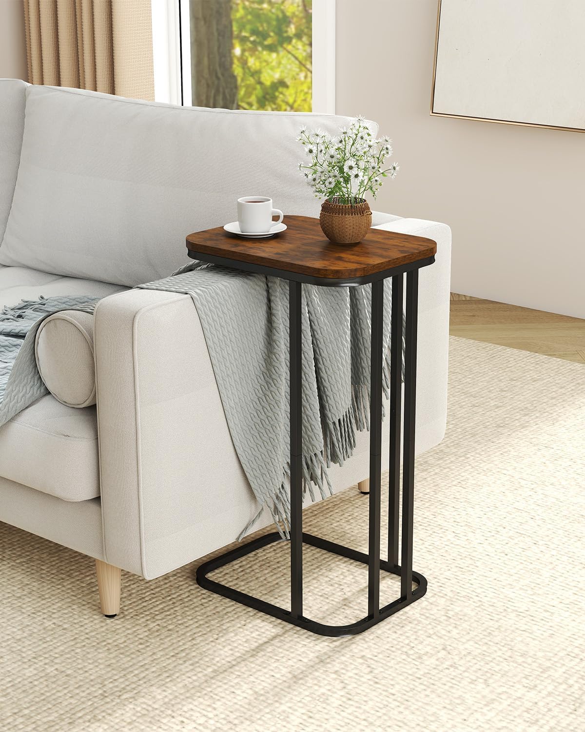 27 Inches KJGKK C Shaped End Table, High Small Side Table for Sofa and Bed, Couch Table Slides Under, Tall Tv Tray
