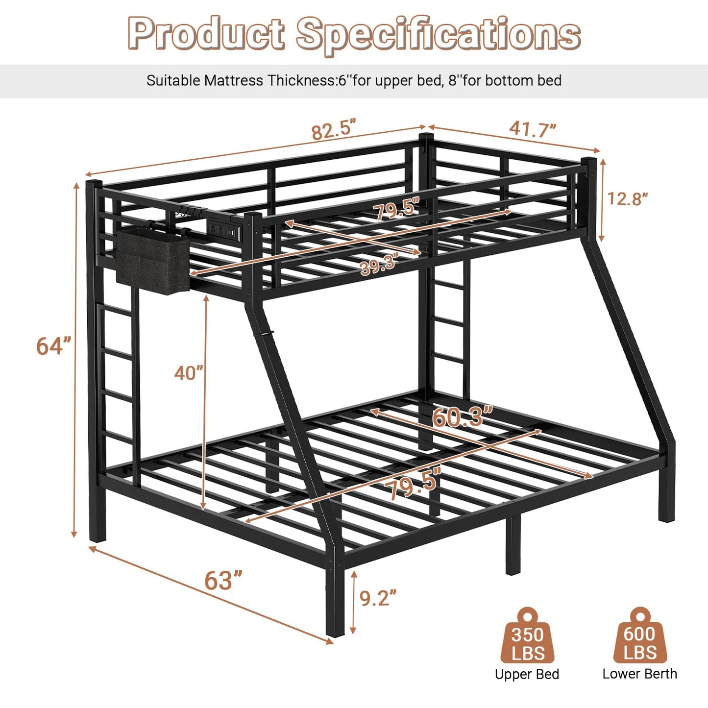 XUWANSHANG Twin XL Over Queen Bunk Bed Frame, Heavy Duty Metal Loft Bed for Adults/Teens, 350/600LB Capacity w/Ladder & Guardrail, Noise-Free Steel Slats, No Box Spring Required, Black
