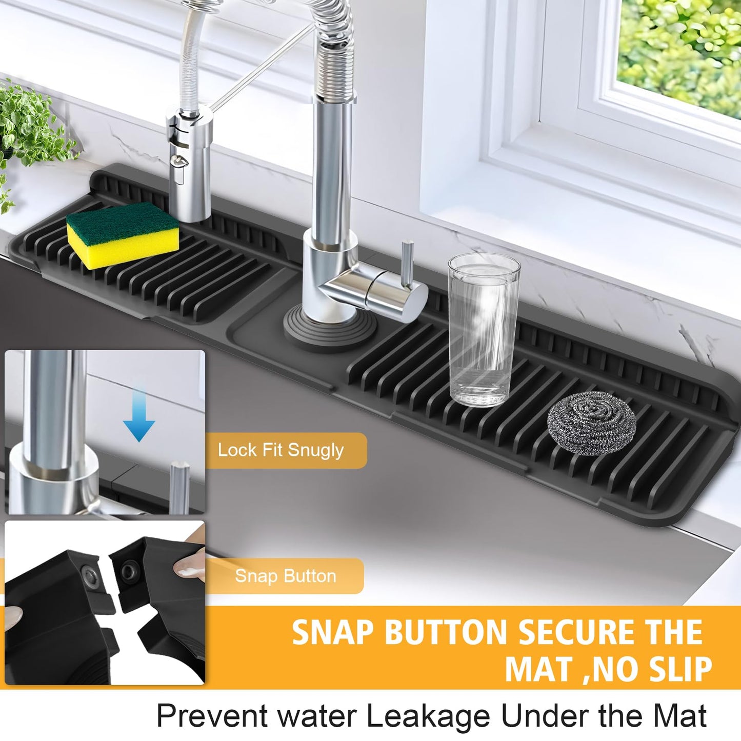 24-Inch Kitchen Sink Splash Guard Mat | 7° Slope for Fast Self-Draining | Snap-Lock Design | Universal & Cuttable Silicone Faucet Mat (Black)