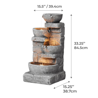Teamson Home 33" Outdoor Water Fountain with LED Lights, 3-Tier Cascading Bowls, Weather-Resistant Resin Garden Water Feature for Patio, Lawn, and Backyard Decor – Stone Gray