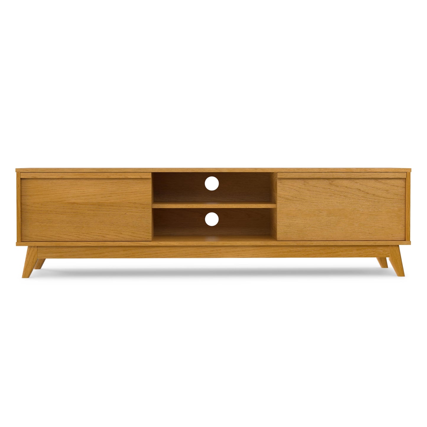 SIMPLIHOME Lennon TV Stand - 72 inch Wide Solid Wood Low Media Console in Oak Veneer, Mid Century Modern Entertainment Center for Living Room for TVs up to 80 Inches with Shelves and Cable Management
