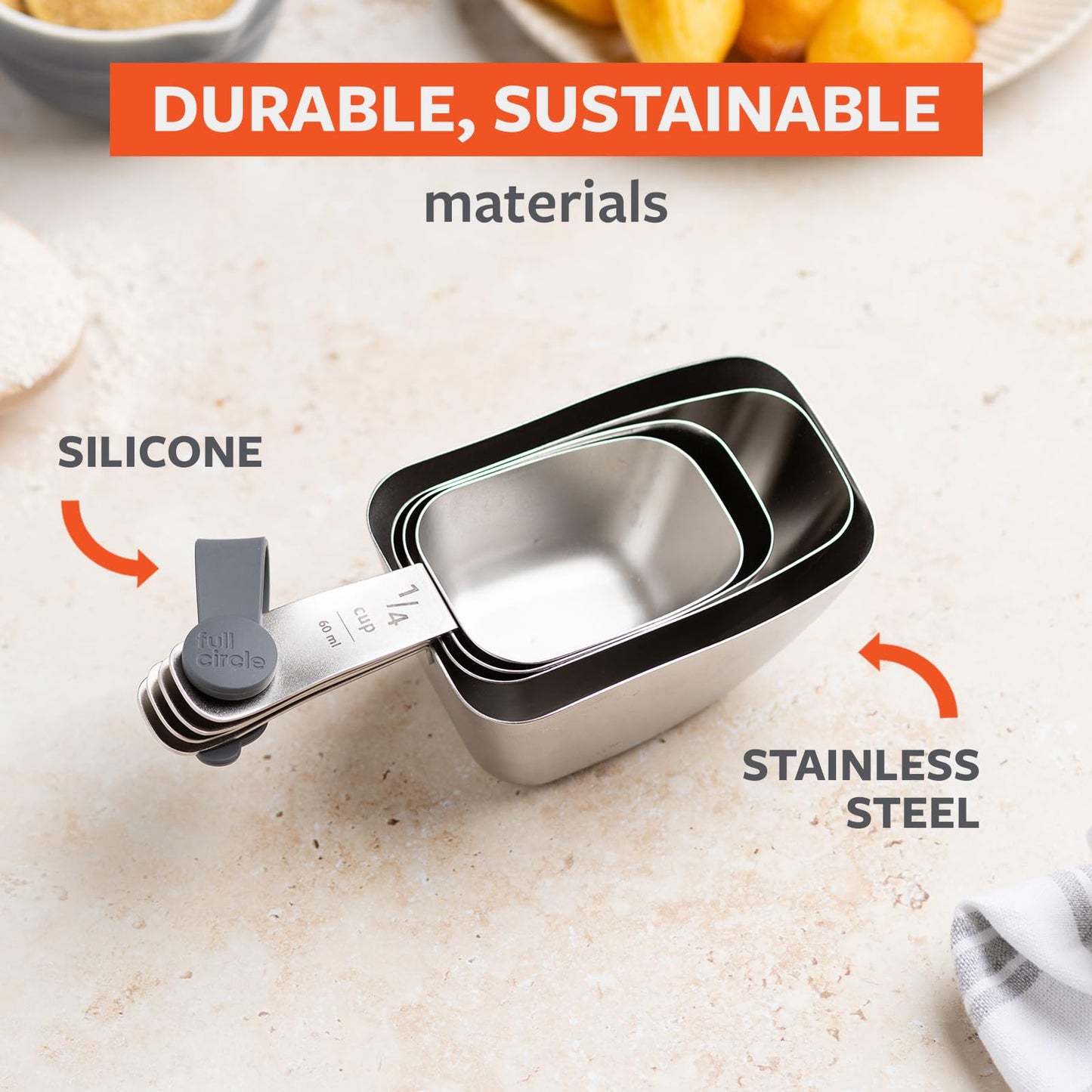 Full Circle Inside Scoop Stainless Steel Measuring Cups, 4-Piece Set (¼ cup, 1/3 cup, ½ cup, and 1 cup), Dishwasher Safe