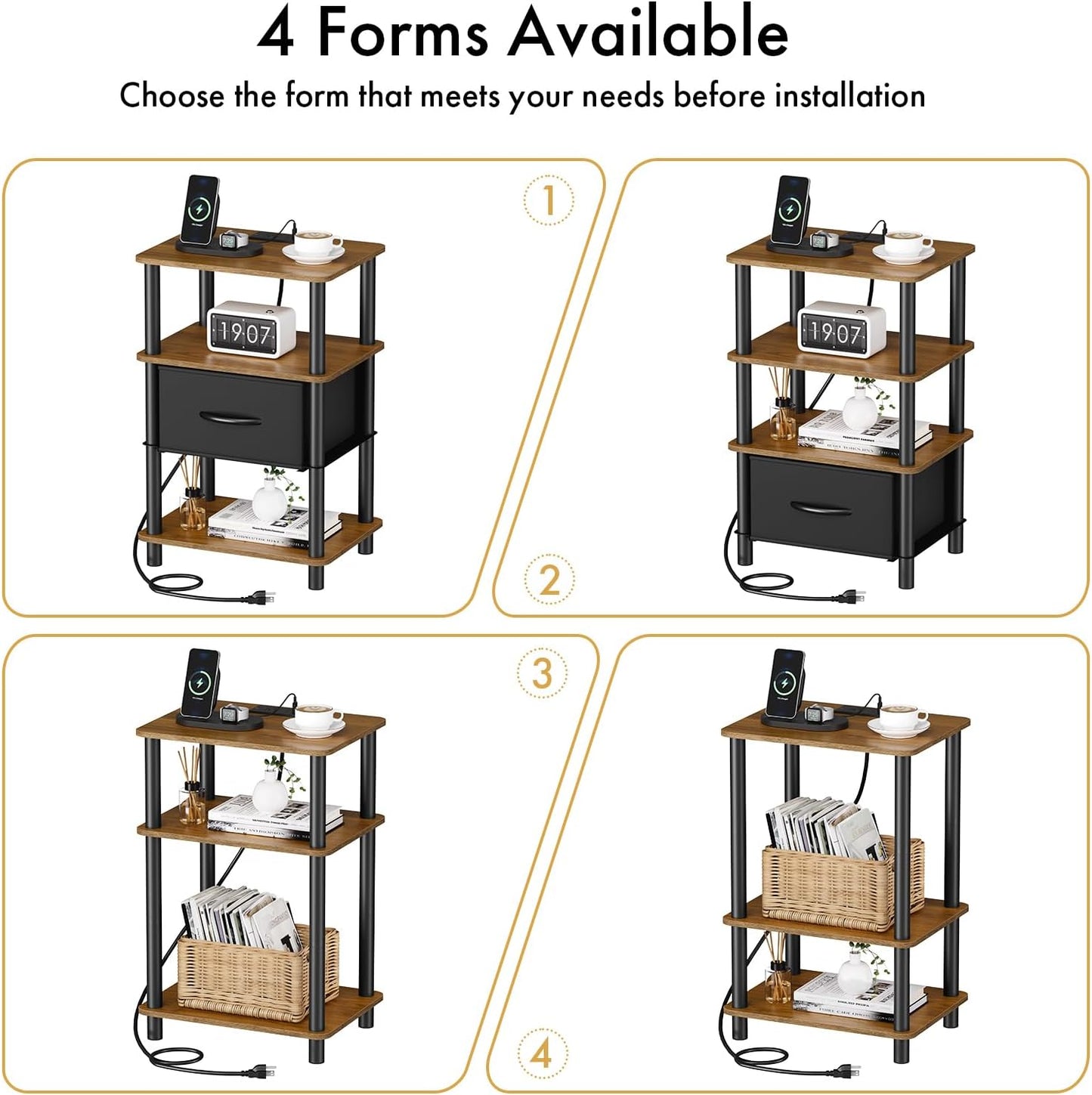 3-Tier 2-Min Bedroom Nightstand with Charging Station, Bedside Table with Adjustable Fabric Drawer, Night Table