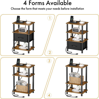 3-Tier 2-Min Bedroom Nightstand with Charging Station, Bedside Table with Adjustable Fabric Drawer, Night Table