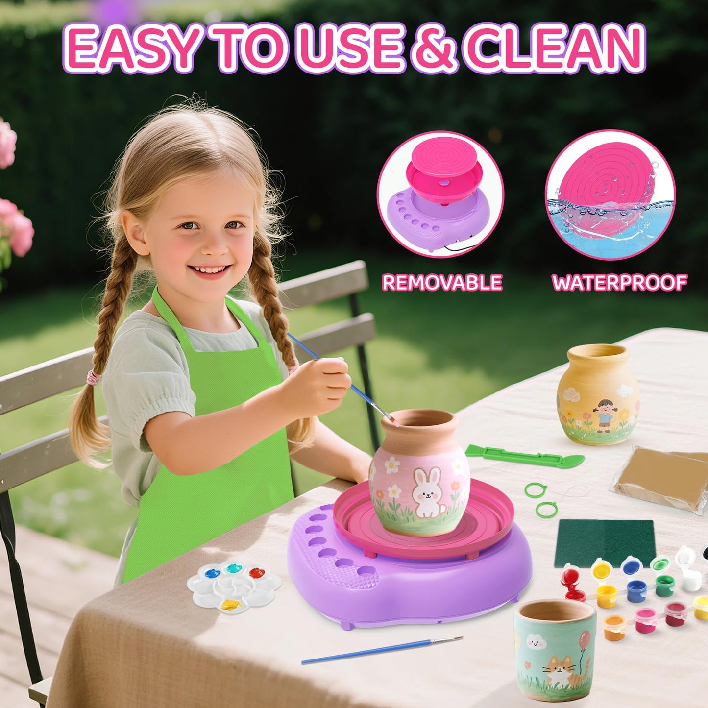 Pottery Wheel for Kids, Arts & Crafts Pottery Painting Toys Kit for Kids Ages 8-12, Art Supplies with 3 Pack Air Dry Clay and Clay Tools, Birthday Easter Gift for Girls Boys 6 7 8 9 10 11 12