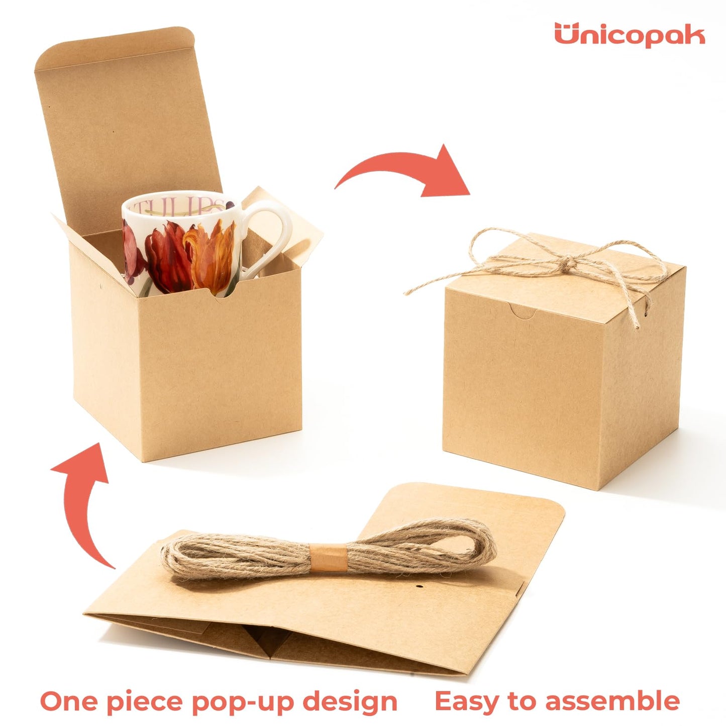 UnicoPak 30 Pack 5x5x5 Small Gift Boxes with Lids & Twine - Premium USA Kraft Cardboard - Pop-Up Easy Assembly Gift Boxes for Mugs, Candles, Ornaments & Christmas
