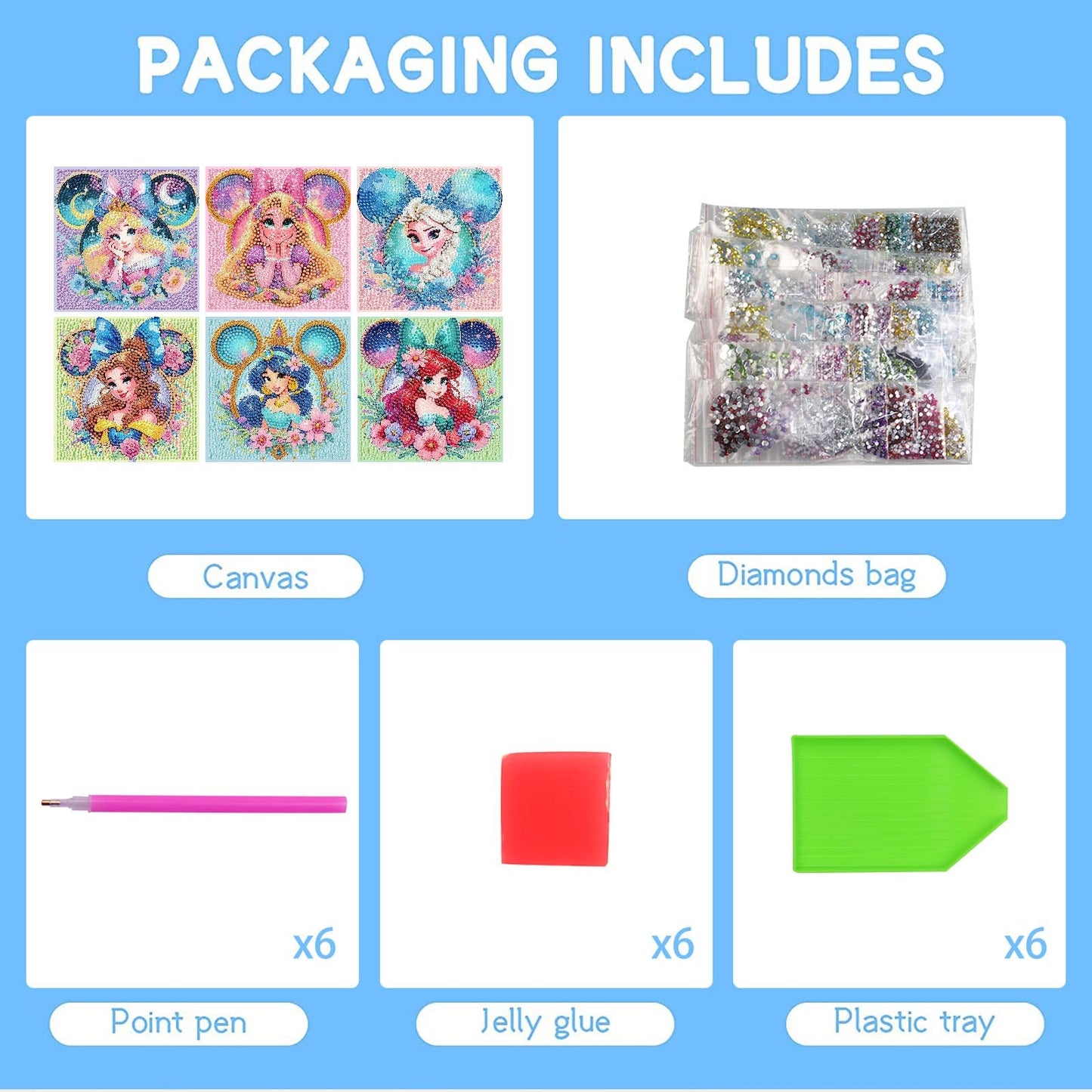 nekpiahu 6 Pack Diamond Art Painting Kits for Kids,Cartoon Diamond Art for Kids Ages 4-8-12,Cartoon Gem Kit Crafts Beginners for Gift Home Wall Decor(6x6inch)
