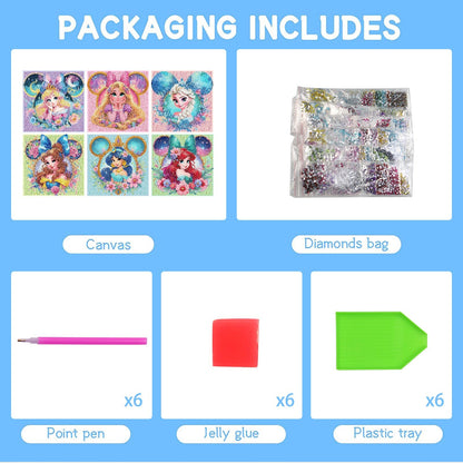 nekpiahu 6 Pack Diamond Art Painting Kits for Kids,Cartoon Diamond Art for Kids Ages 4-8-12,Cartoon Gem Kit Crafts Beginners for Gift Home Wall Decor(6x6inch)
