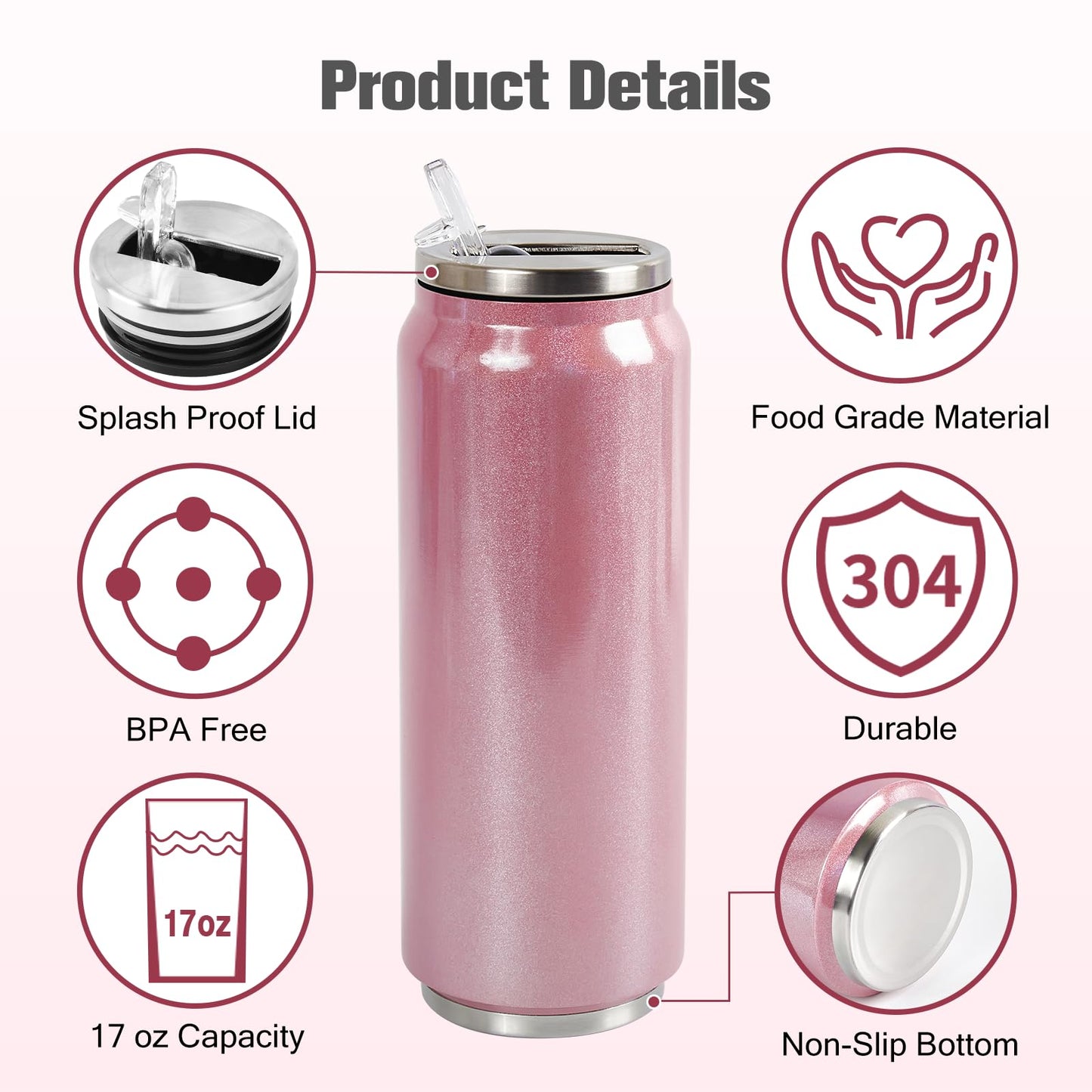 ColorSub 17 oz Sublimation Glitter Tumblers Cans, Stainless Steel Sublimation Blanks Tumblers, Double Wall Insulated Cups Set with Lid, Straw, Gift Box, 6 Pack Pink