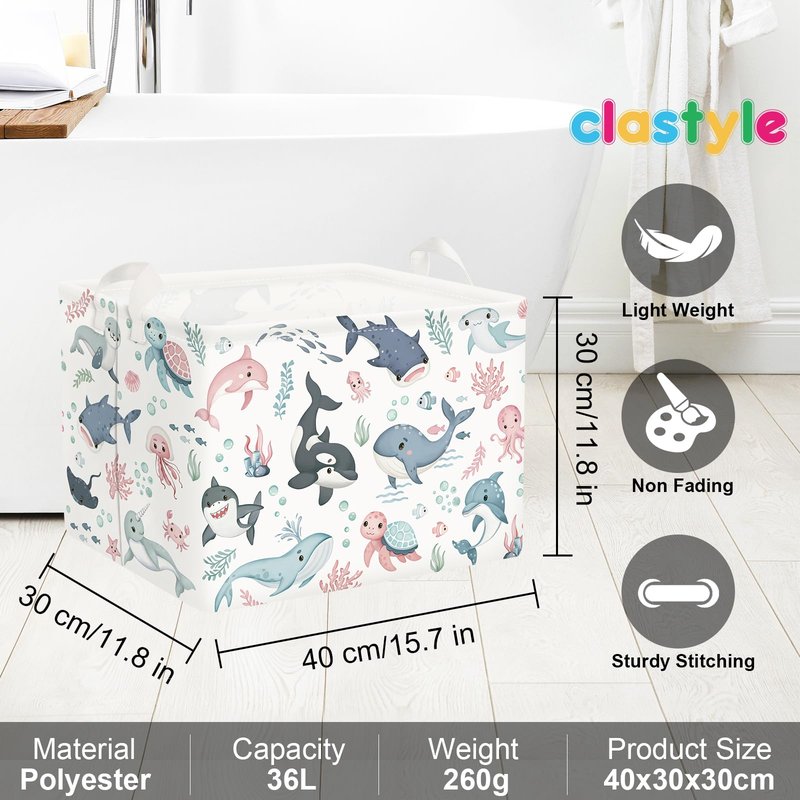 Clastyle Adorable Ocean Animal Laundry Basket Shark Kids Clothes Book Storage Basket Gift Toy Box for Bedroom Decor,Whale,40x30x30 cm