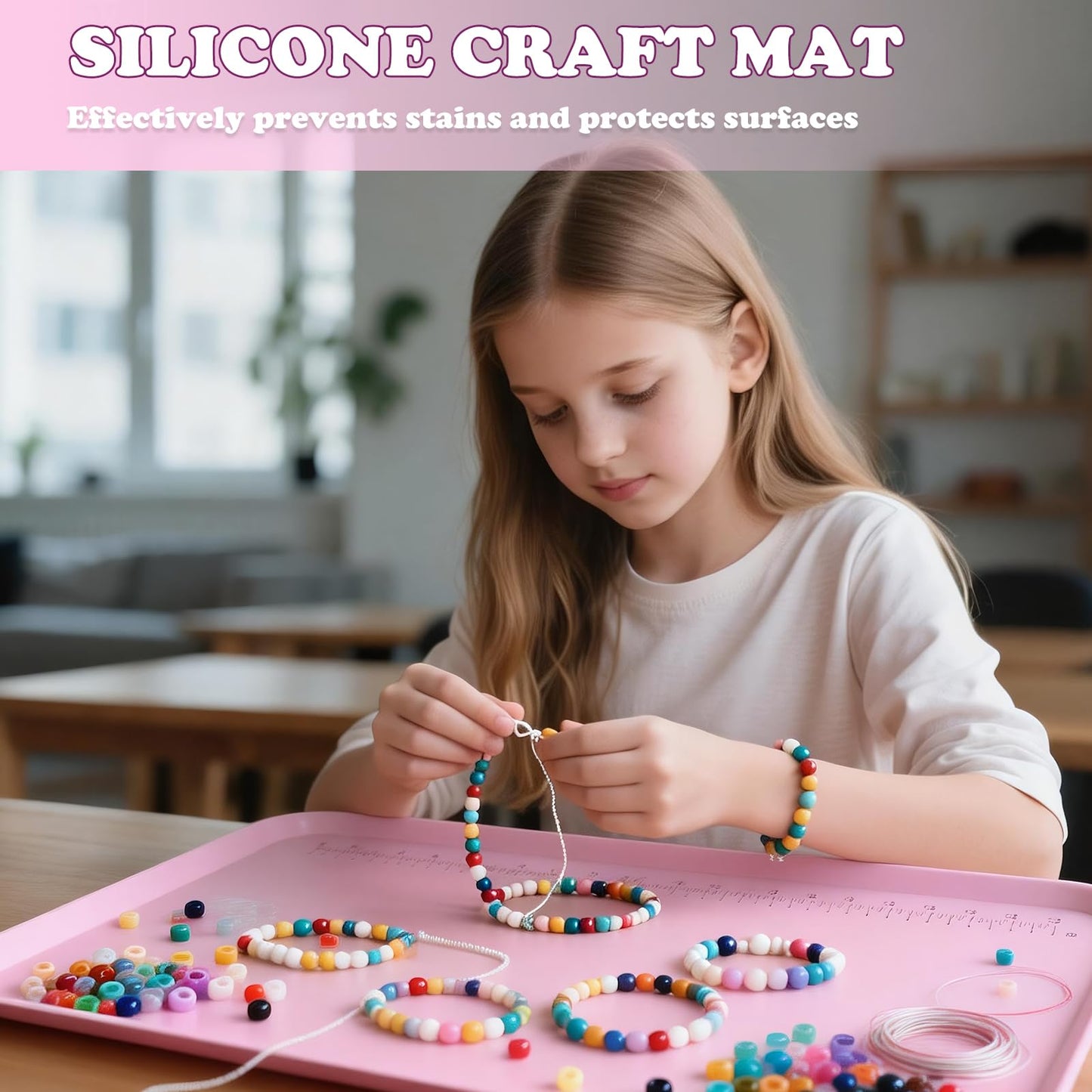Silicone Art Mat for Crafts, 24"x16" Silicone Craft Mat with Raised Sides to Protects Surfaces Perfectly for Painting, Resin, Legos, Slime, Jewelry-Making, DIY (Pink)