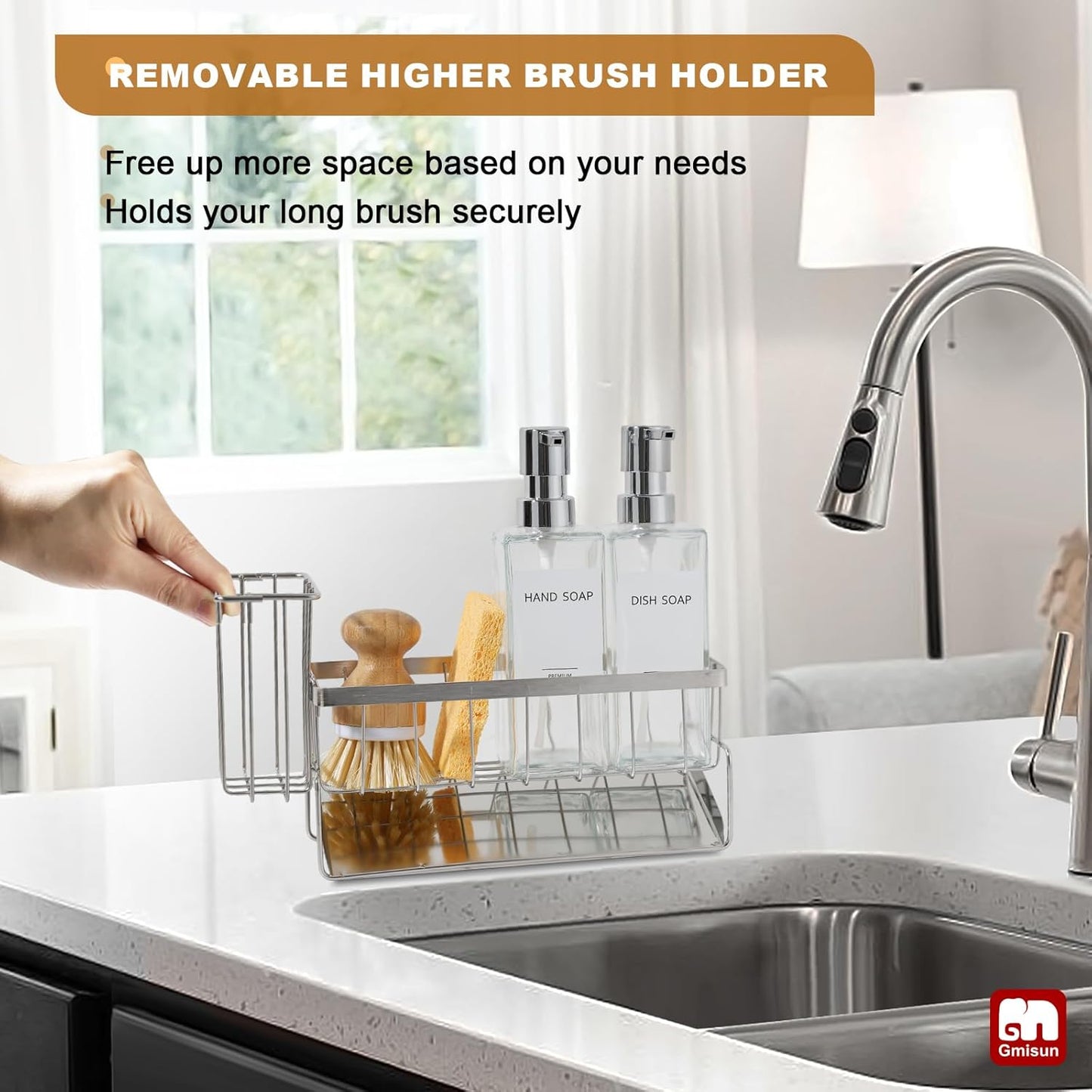 12 oz/350ml Set GMISUN Kitchen Soap Dispenser, Fl Clear Dish Soap Dispenser with Silver Sponge Holder, Customized Glass