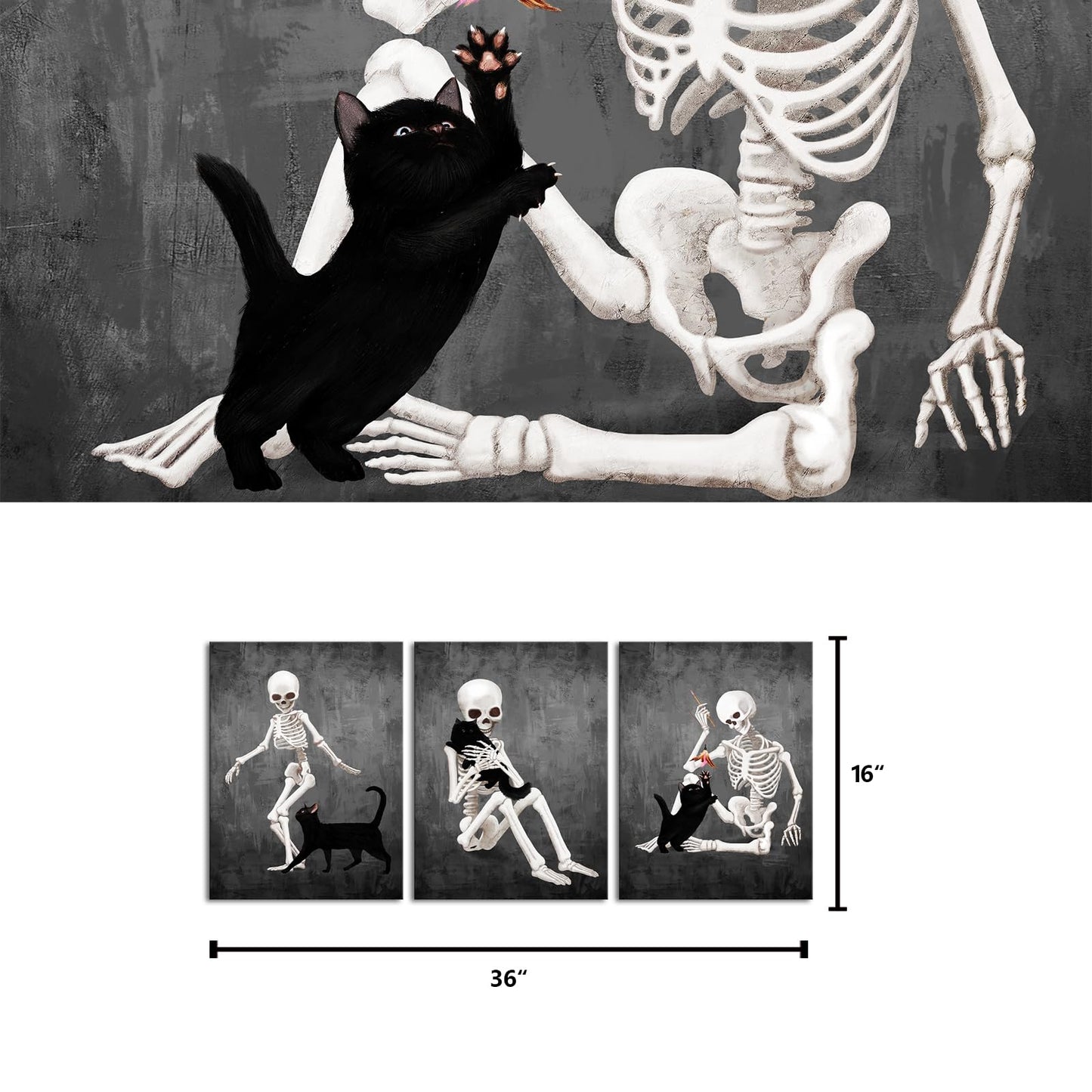 Kalormore Halloween Wall Decor Black and White Skeleton Canvas Wall Art Funny Skull with Cat Painting Prints The Day Of Dead Picture Framed Artwork Ready to Hang (12"x16"x3pcs)