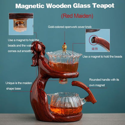 Lazy Kungfu Magnetic Tea Pot, Semi Automatic Glass Teapot, Lazy Kungfu Drip Teapot, Magnetic Attraction Water Rotating Cover Bowl Suitable for Home/Office Reception Tea Set (Red Maiden)