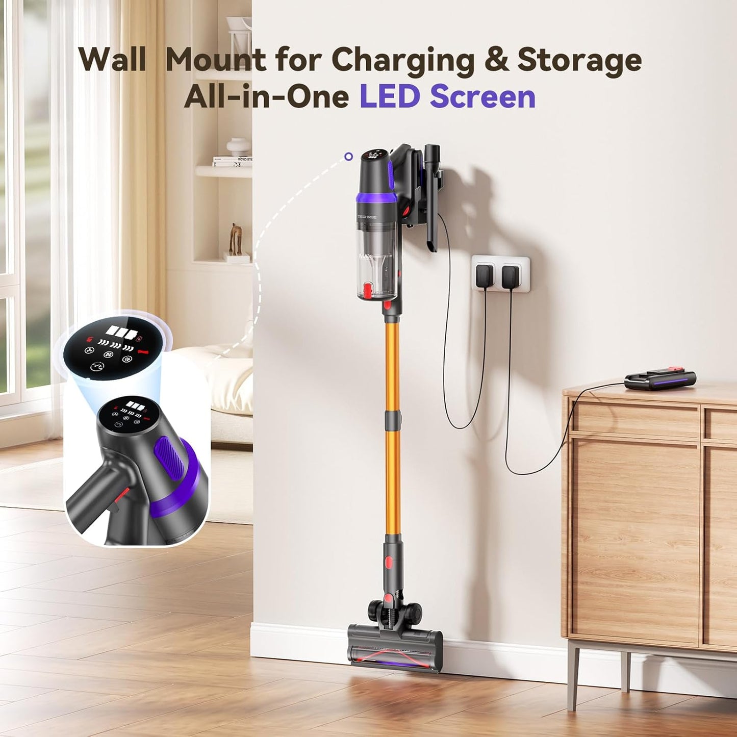 TechRise Cordless Vacuum Cleaner - 500W Stick Vacuum with Anti-Tangle Brush & 60-Minute Runtime for Home Use