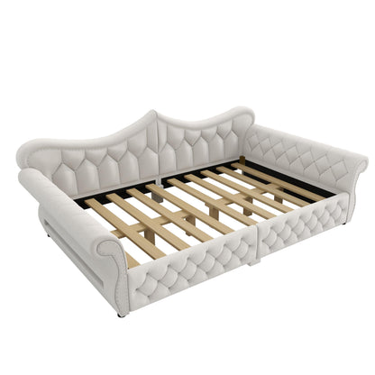 Merax Queen Size Upholstered Daybed with LED Lights, Convertible Sofa Bed, Tufted Daybed with Nailhead Trim, Wooden Frame Guest Bed for Living Room Bedroom, Beige