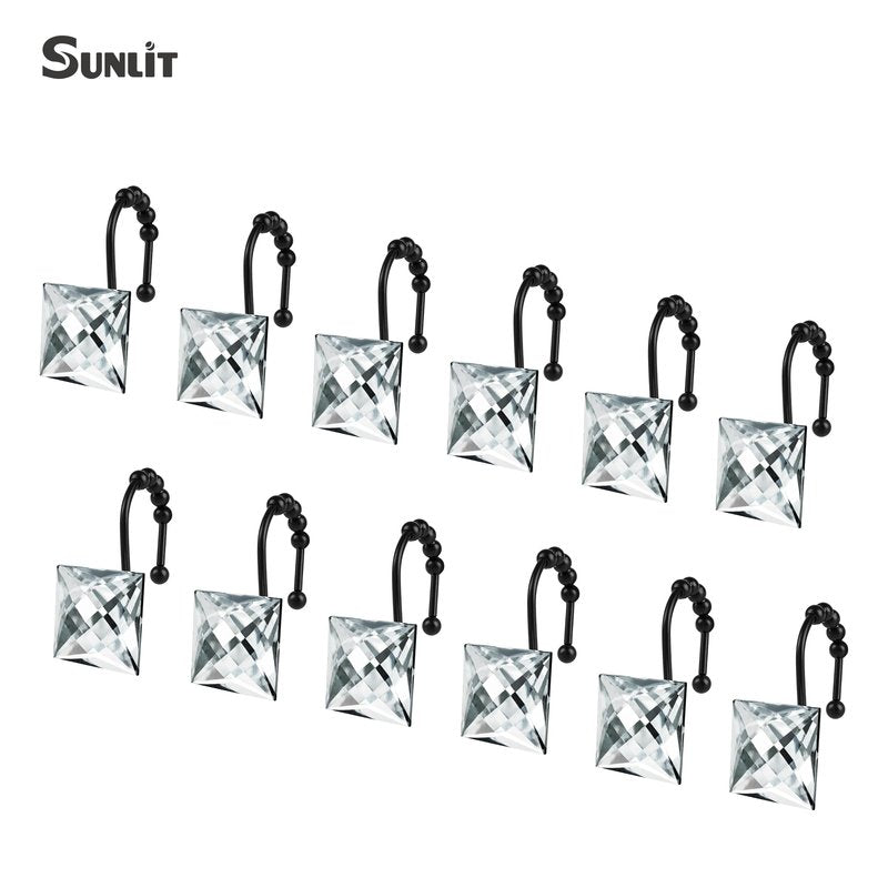 Sunlit Luxury Design Square Clear Diamond Crystal Gem Bling with Glide Balls Shower Curtain Hooks, Rust Proof Metal Rhinestones Glam Shower Curtain Rings with Black Hooks, Set of 12