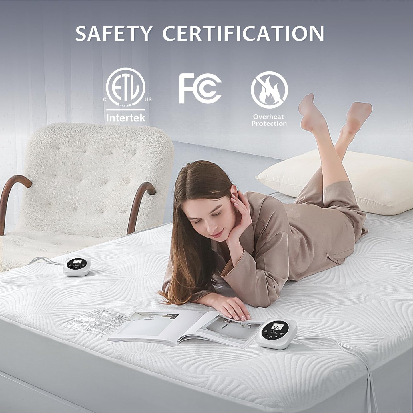 King Size Electric Heated Mattress Pad - Bed Warmer with Memory & Preheat Functions, 12 Heat Settings Dual Control for 1-12 Hours Auto Off, Lighted Button