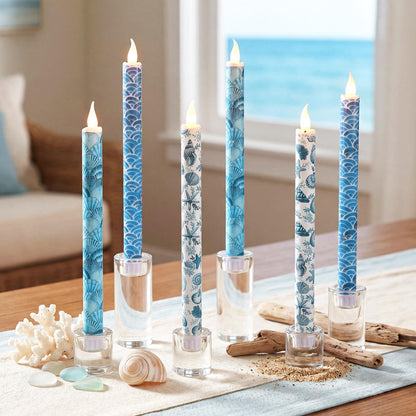 Lyrow 6 Pcs Summer Ocean Flameless Taper Candles with Beach Starfish Seashell 11 Inch LED Candles Flickering Battery Operated Candlesticks for Birthday Seaside Shower Party Summer Table Decor