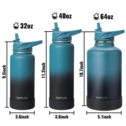 RUBYFLASK 40oz Insulated Water Bottle with Straw, Stainless Steel Metal Vacuum Water Flask, Large Thermal Water bottle with Leakproof 3 Lids for Travel, Camping, Gym Sports Indigo Black
