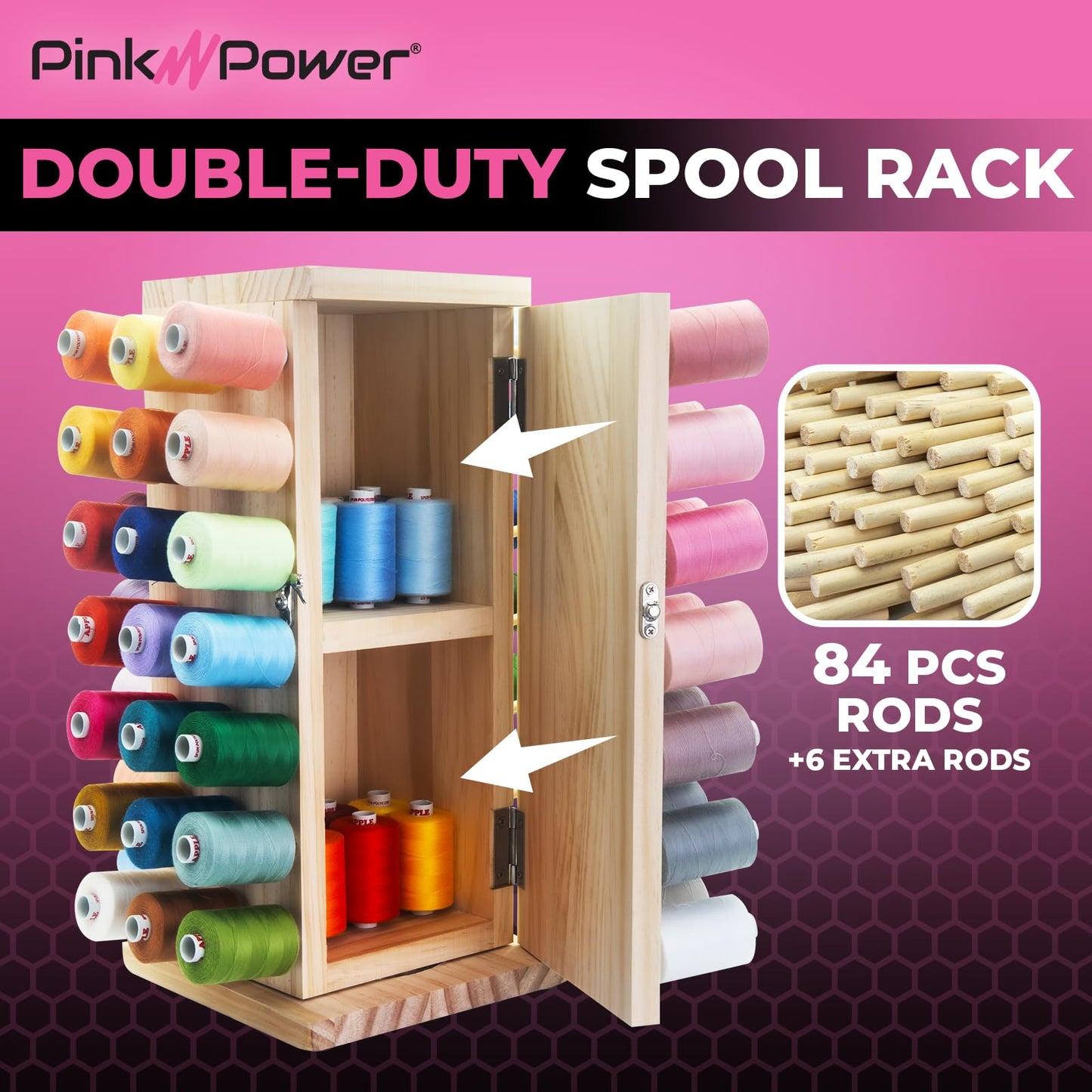 Pink Power 84 Spools Thread Holder Stand - 360 Full Rotating Wooden Thread Organizer - Embroidery Spool Holder Rack - Spool Storage box for Sewing, Quilting, Jewelry, and Hair-Braiding