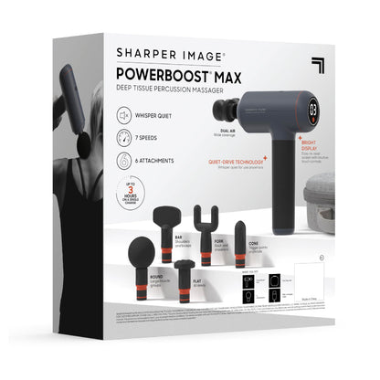 Sharper Image Powerboost Massage Gun – Deep Tissue Percussion Massager| 5 Attachments, 6 Speed| Shoulder Back Leg Muscle Recovery & Pain Relief Massage Tool| Massager Gun| Men & Women Gift