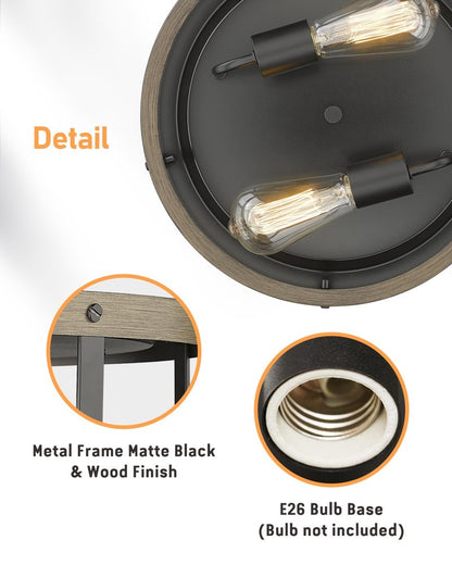 EAPUDUN Farmhouse Flush Mount Ceiling Light, 13" Imitation Wood 2-Light Fixture, Retro Style Lamp for Hallway, Entryway, Bedroom, Kitchen, Dining Room (FMA1138-FBDT)