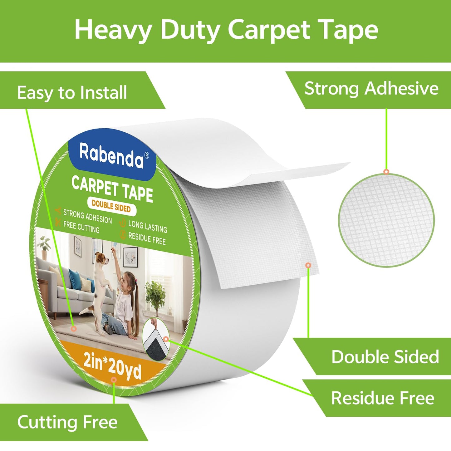 Rabenda Double Sided Carpet Tape - 2 Inch x 20 Yards Removable Rug Tape for Hardwood Floors, Tile & Laminate - No Residue Strong Hold Anti Slip Gripper for Area Rugs, Mats & Carpets