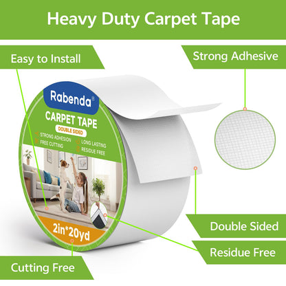 Rabenda Double Sided Carpet Tape - 2 Inch x 20 Yards Removable Rug Tape for Hardwood Floors, Tile & Laminate - No Residue Strong Hold Anti Slip Gripper for Area Rugs, Mats & Carpets
