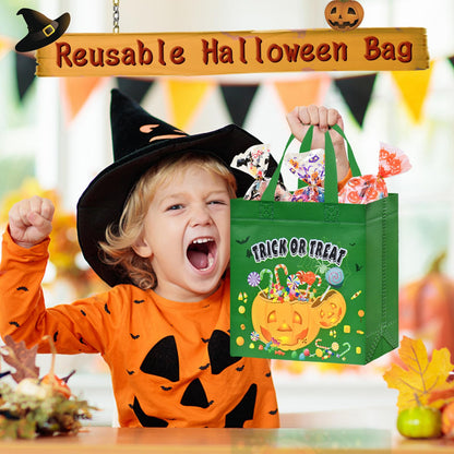 AhfuLife 16 Pcs Halloween Trick or Treat Bags, Candy Tote Bags with Handles, Reusable Non-Woven Gift Bag for Halloween Party Supplies Favors (7.8×7.8×3.1’’)