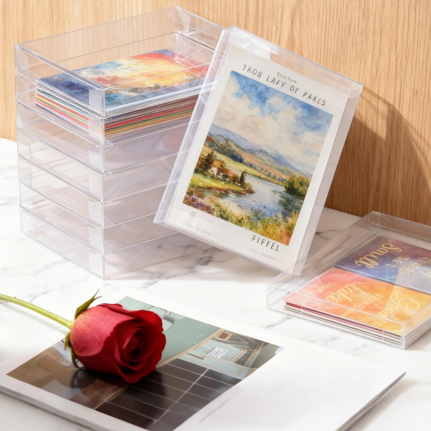 WOPPLXY 70 Pcs Clear Favor Boxes, 7.3 x 5.3 x 2 Inch Clear Gift Boxes, Rectangle PVC Transparent Gift Box for Packaging Dessert, Candy, Wedding, Halloween, Christmas, Valentine's Gift