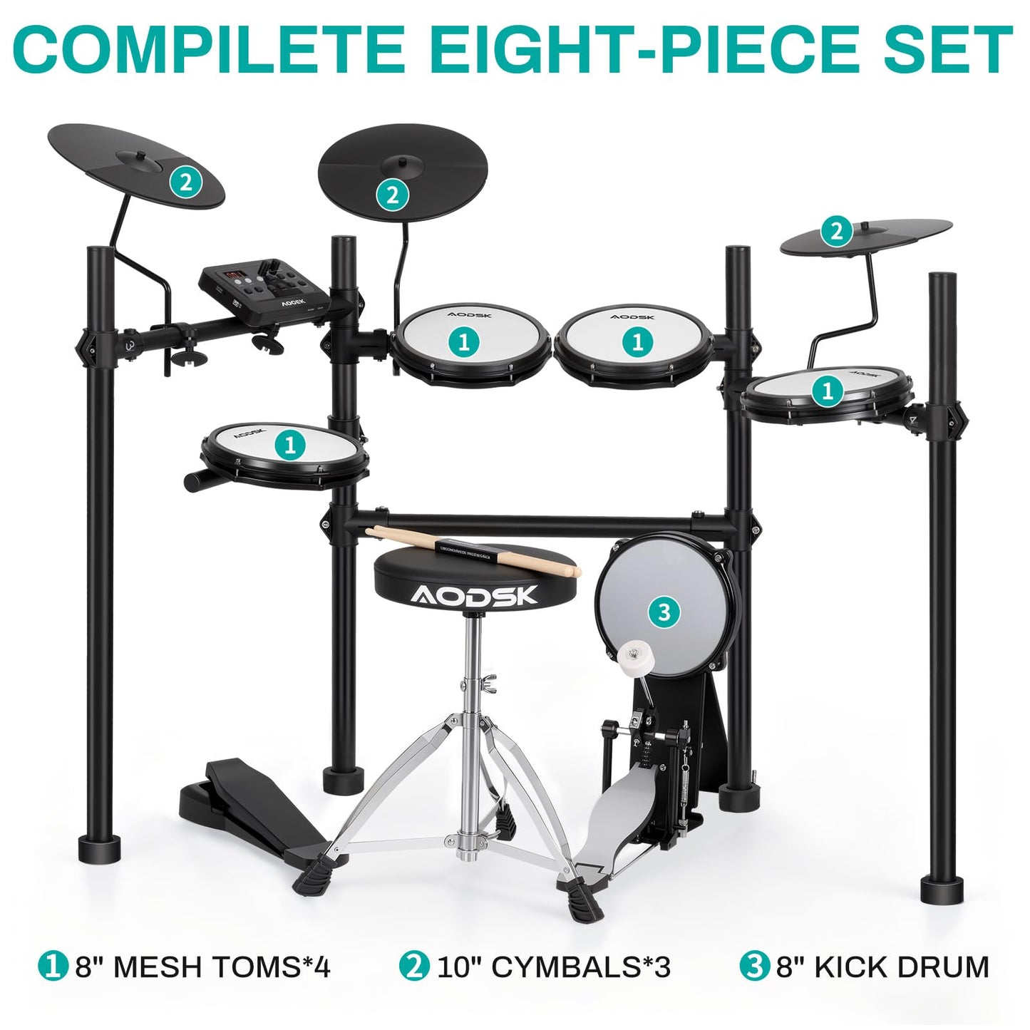 AODSK Electric Drum Set with Quiet Mesh Pads,Electronic Drum for Beginner,USB MIDI,Throne,Headphones,Sticks, Included 40 Kits and 450 Sounds