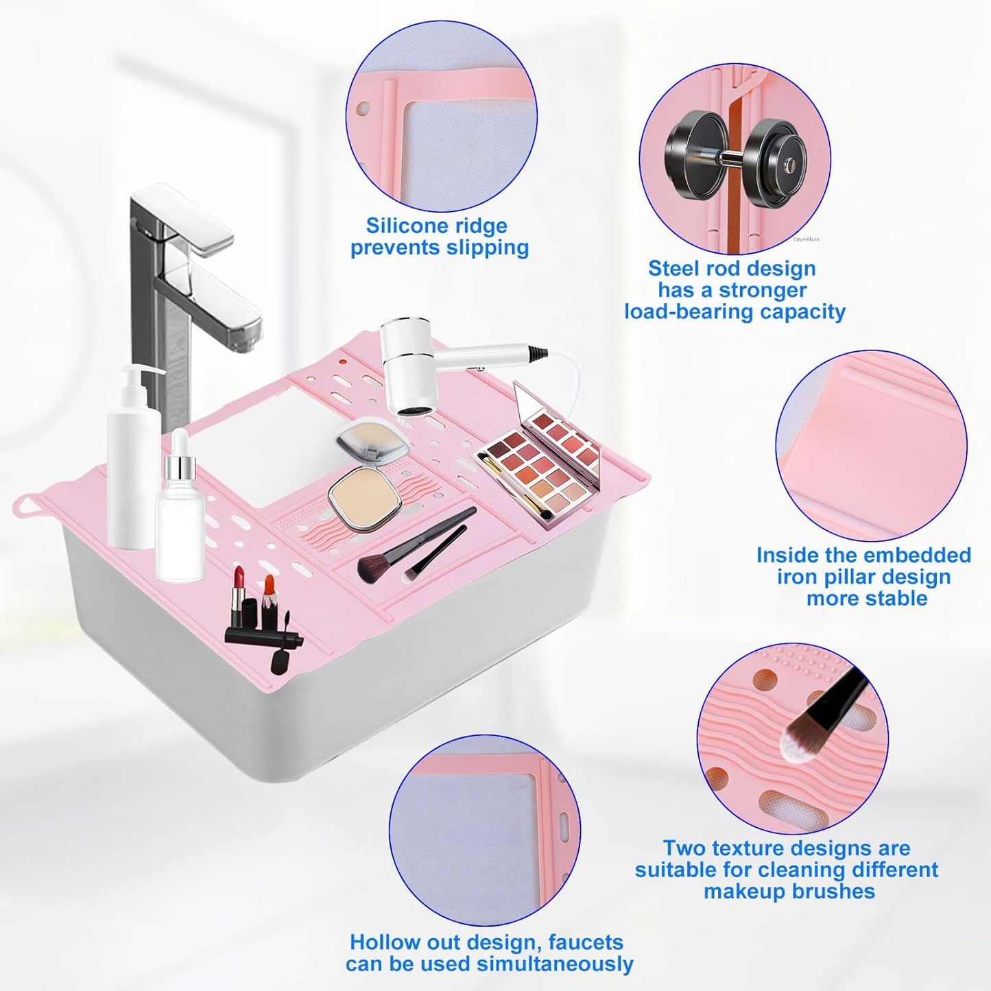 Bathroom Sink Cover, Foldable Makeup Brush Cleaning Mat, Silicone Sink Topper, Heat Resistant Makeup Organizer