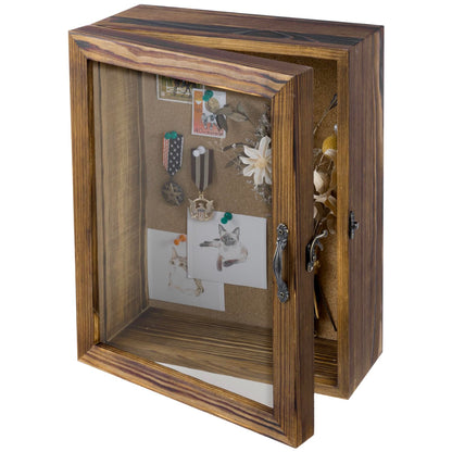 MyGift 11x14 Deep Shadow Box Frame with Cork Board Backing and Acrylic Paneled Cursive Hinged Door, Rustic Burnt Wood Wall Mounted Shadow Box Display Case Cabinet