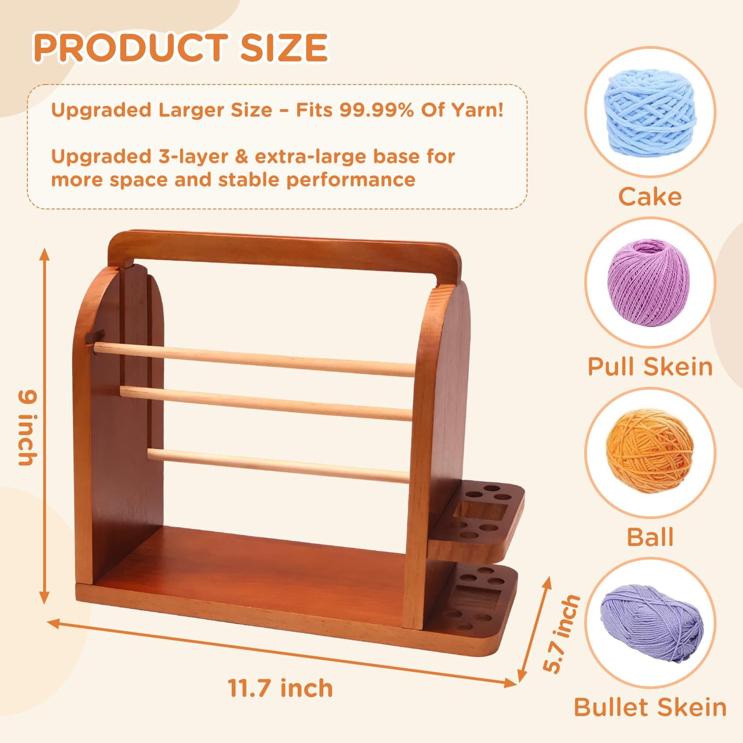 Upgraded Yarn Holder for Knitting and Crocheting, Wooden Yarn Storage Organizer with Tangle-Free 3 Rods, Phone Stand & Tool Holder, Works with Skein, Cake, Ball, Crochet Gift for Knitting Lovers