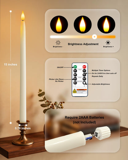 Homemory 15 inches Real Wax Flameless Taper Candles with Remote Timer, 3 Pcs White LED Taper Candles Battery Operated with 3D Flickering Flame, Window Candle Led Candlesticks for Dinners Home Decor