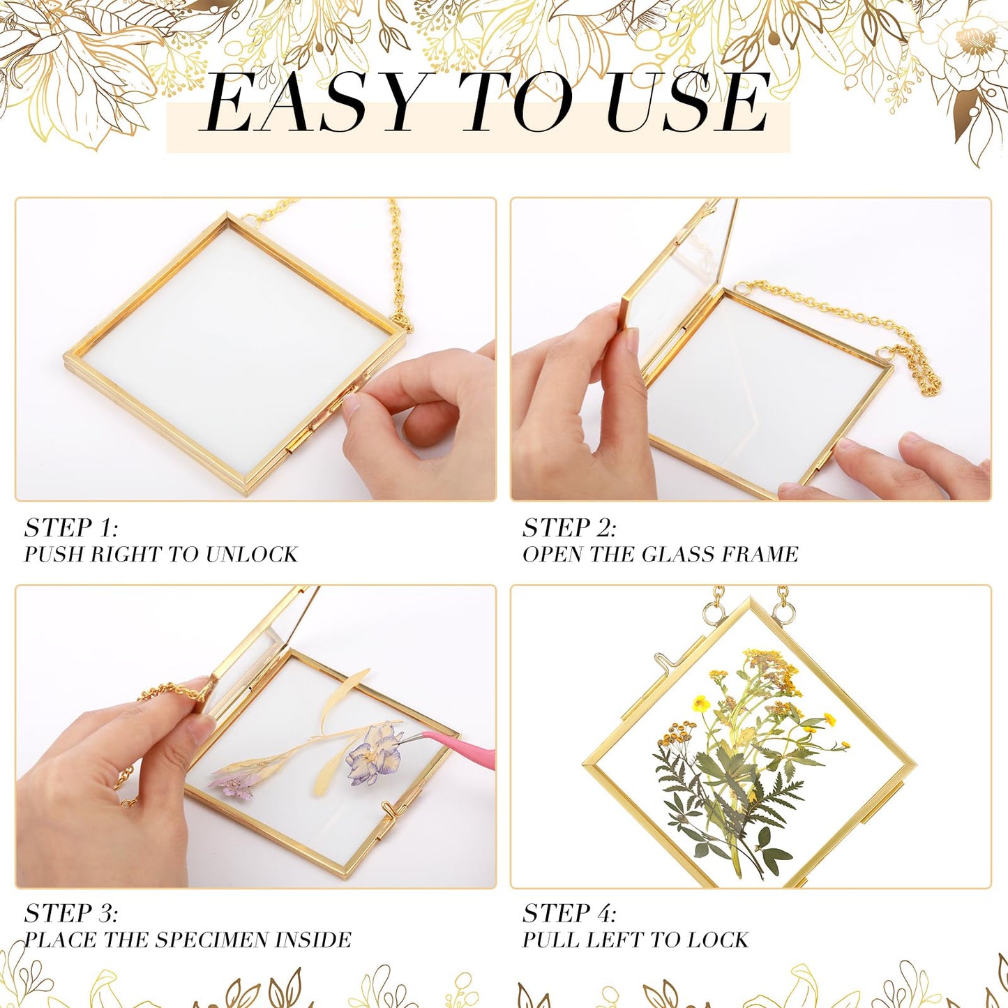 DoubleFill 12 Pcs Hanging Clear Photo Frame Double Glass for Pressed Flower Floating Frame with Chain Display Gallery Artwork Horizontal Vertical Gold Metal Rectangle Wall Decor(3 x 3 Inch)