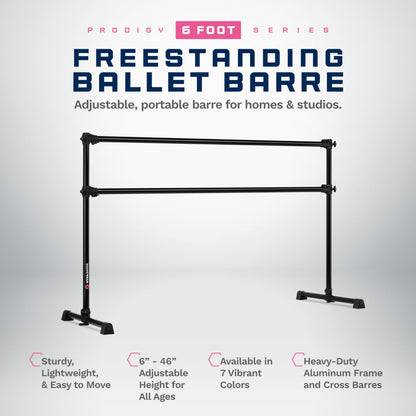 VITA Barre Portable Freestanding Double Ballet Barre, Prodigy, 6 Ft Bars, Black | Adjustable Height, USA Made, Home or Gym Exercise Equipment for Kids & Adults | Dance, Fitness, Pilates