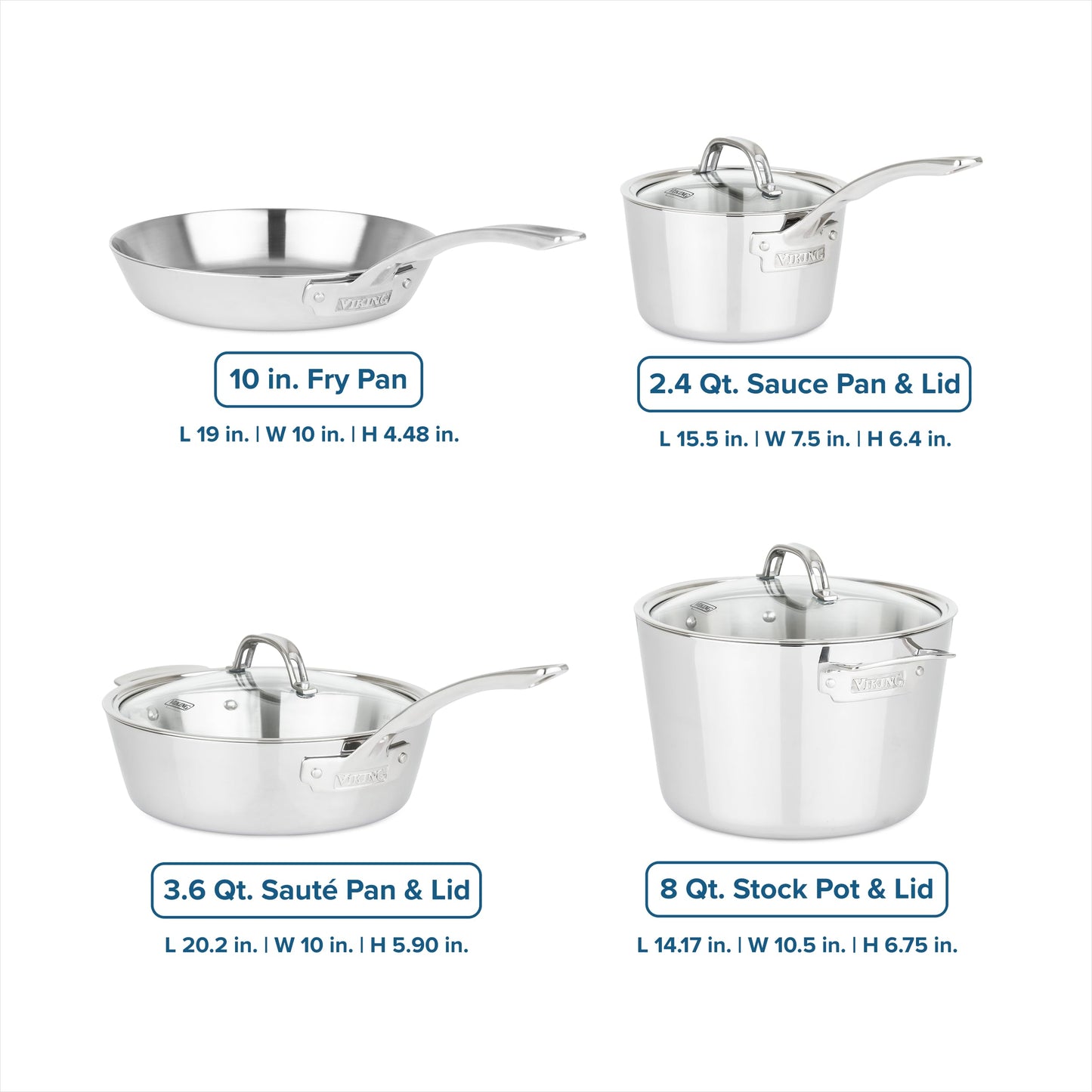 Viking Contemporary 3-Ply Pots and Pans Set, 7 Piece Stainless Steel Kitchen Cookware, Silver
