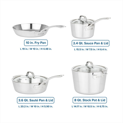Viking Contemporary 3-Ply Pots and Pans Set, 7 Piece Stainless Steel Kitchen Cookware, Silver